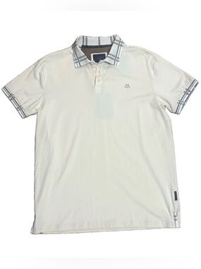 Marc Asher New York Men’s Polo Shirt Large NWT Beige Plaid Collar Short Sleeve